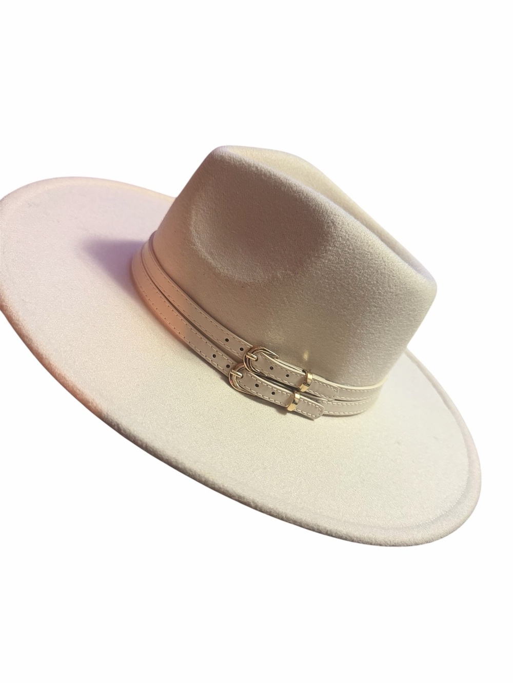 Wide Brim Felt Fedora Hat in Cream with Double Buckle Band Arnaldo Joseph